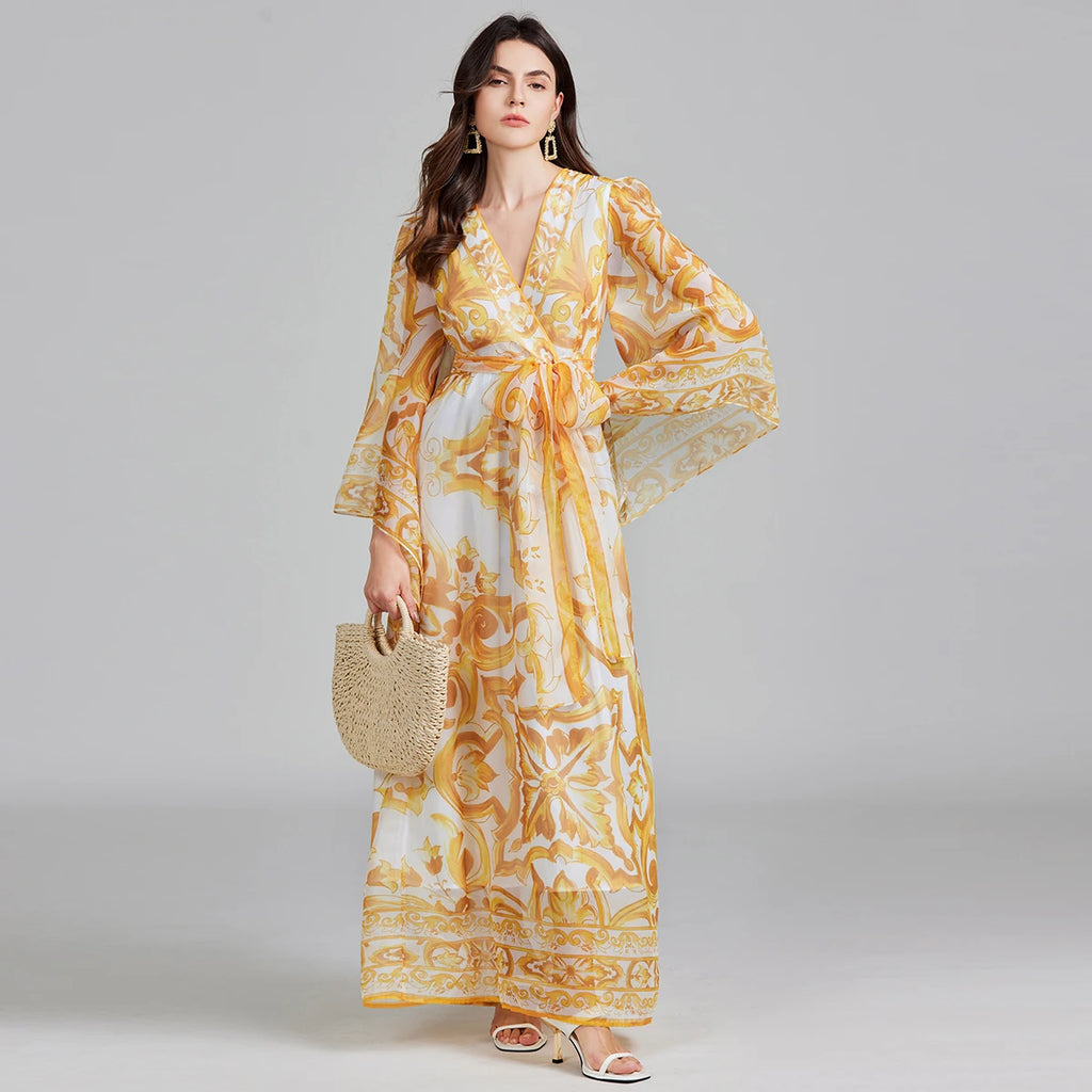 Golden White Porcelain Flower Print Maxi Dress