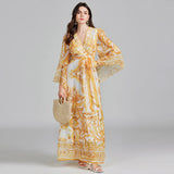 Golden White Porcelain Flower Print Maxi Dress