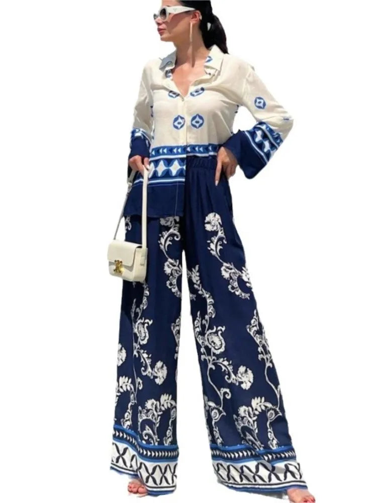 Printed Pants Sets Loose Long Sleeve Shirts Wide Leg Trousers