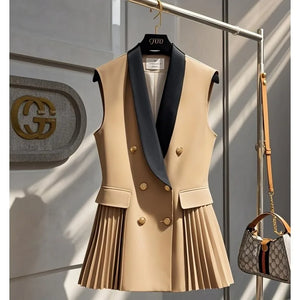 Pleated Double Breasted Sleeveless Vest