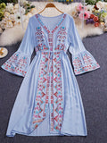 Bohemian Embroidered V-Neck Drawstring Mid-Calf Dress