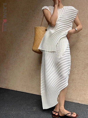 Irregular White Pleated Two-Piece Set