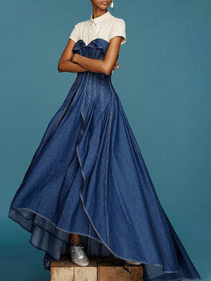 Denim Off the Shoulder Layered Corset Strapless Maxi Dress