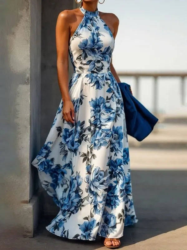 Elegant Halter Bodice Floral Print Dress