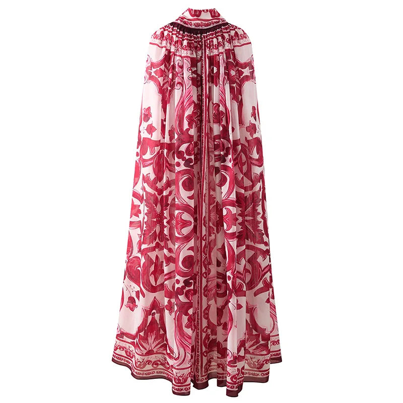 Porcelain Print Bow Cape Maxi Dress