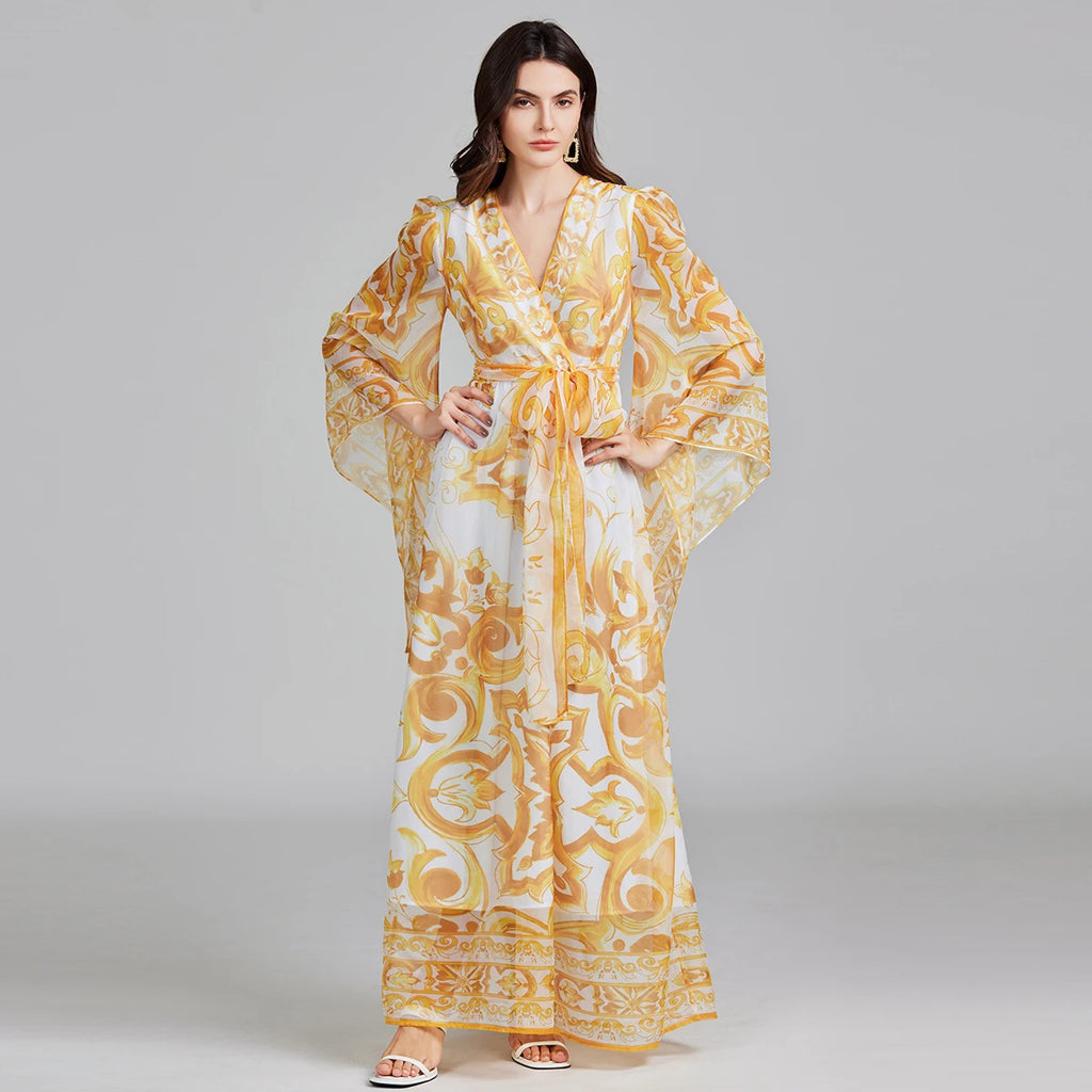 Golden White Porcelain Flower Print Maxi Dress