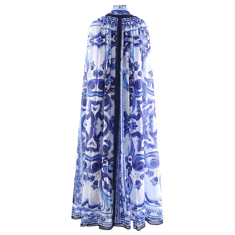 Porcelain Print Bow Cape Maxi Dress
