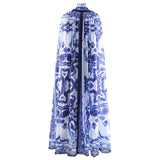 Porcelain Print Bow Cape Maxi Dress