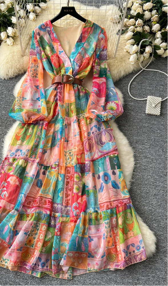 Floral Print Chiffon Dress With Belt Design