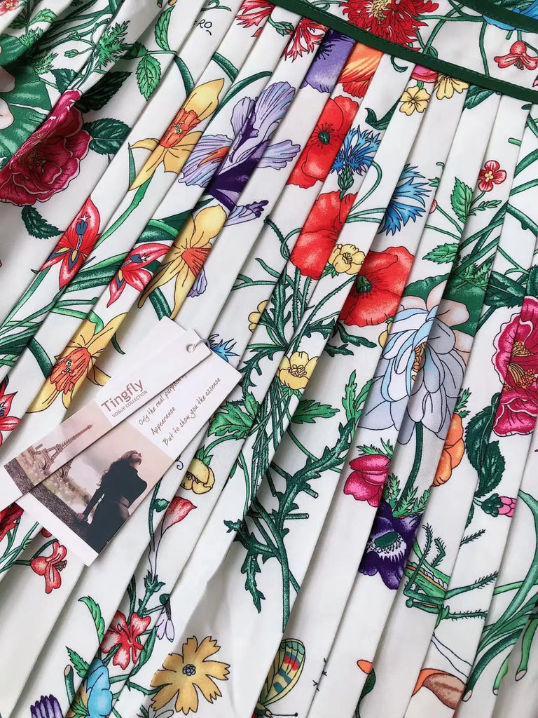 Floral Print Pleated Midi Dress with Turn-Down Collar