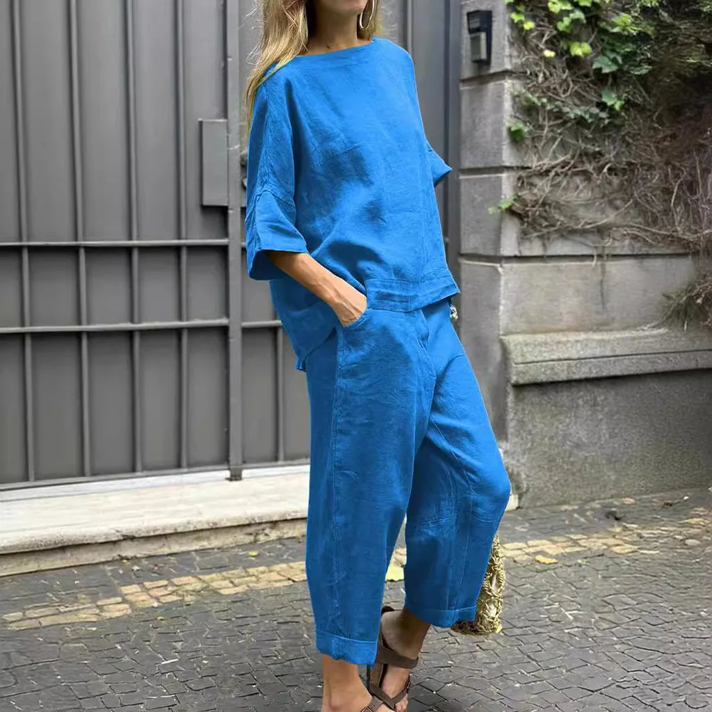 2 Piece Set - Half Sleeve O Neck Top And Loose Pocket Pant