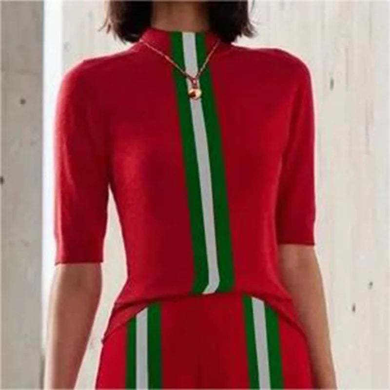 Contrast Color Two Piece Set - Skinny Top And A Wide Leg Long Pant