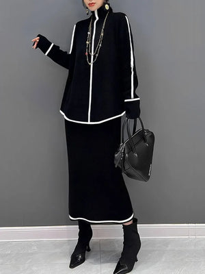 High Neck Contrast Color Striped Sweater for Women