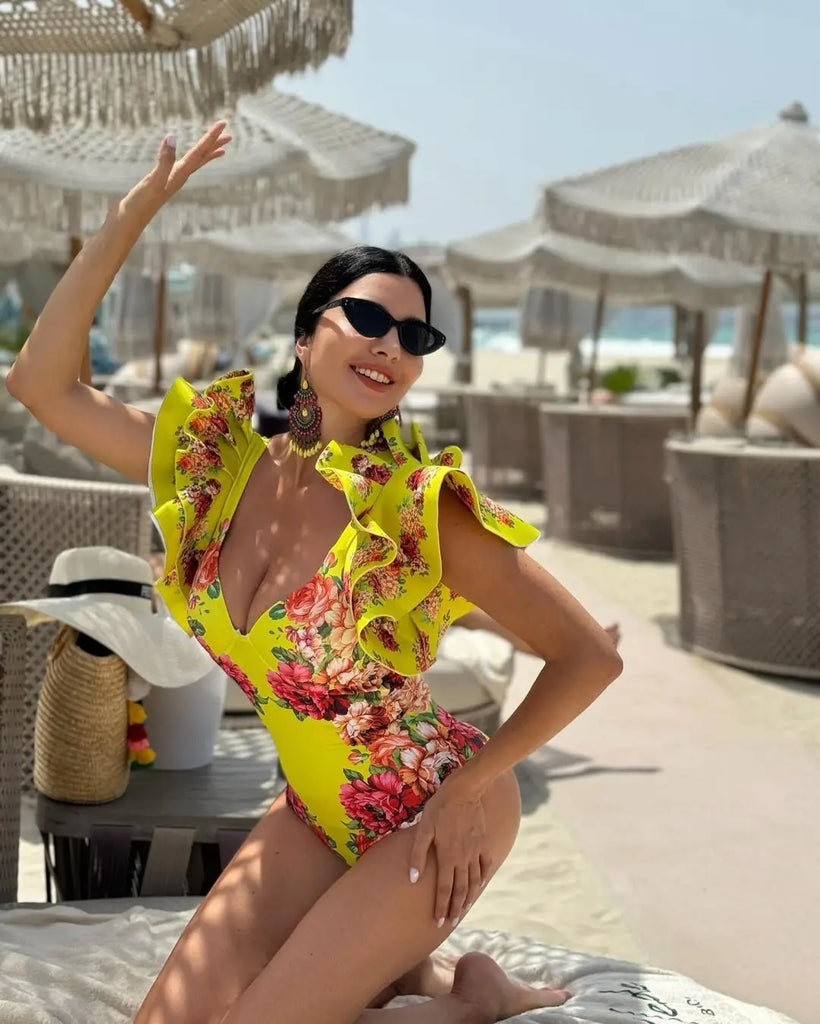 Ruffles Colorful Flower Print One Piece Swimsuit and skirt Swimwear