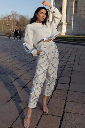 Sequin Denim Pencil Jeans High Waist Slim Fit