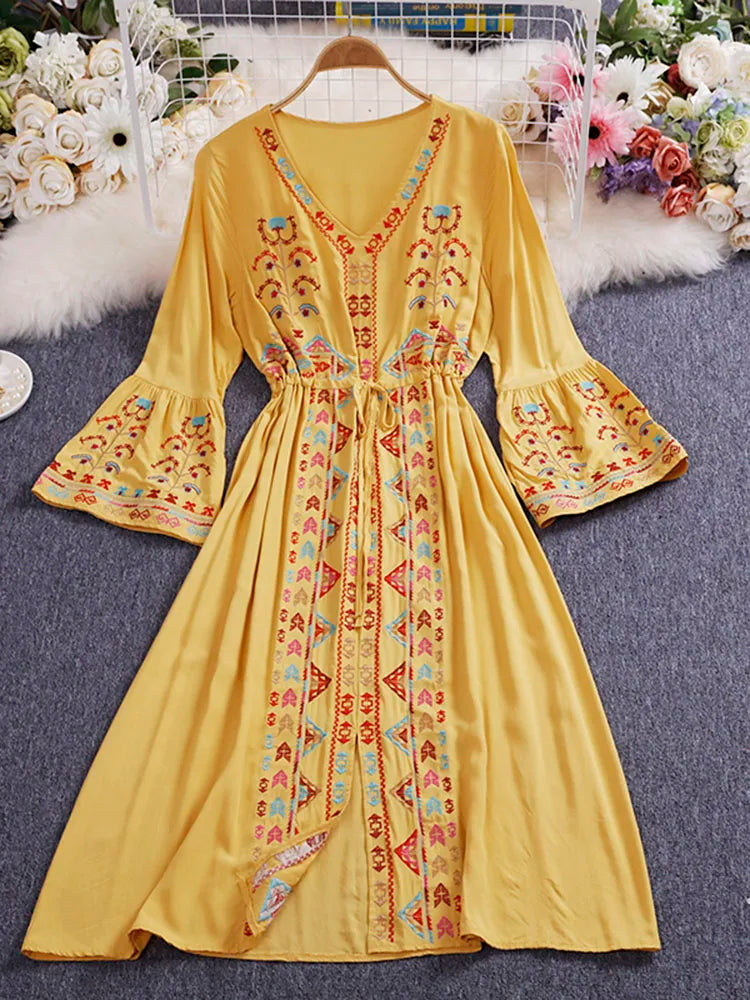 Bohemian Embroidered V-Neck Drawstring Mid-Calf Dress