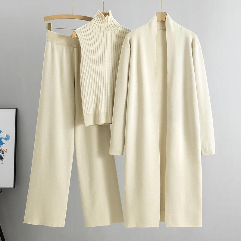 3 Piece Outfit Set - Cardigan, Top and Knitted Pant