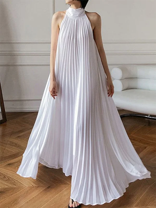 Elegant White Halter-Neck Pleated Dress