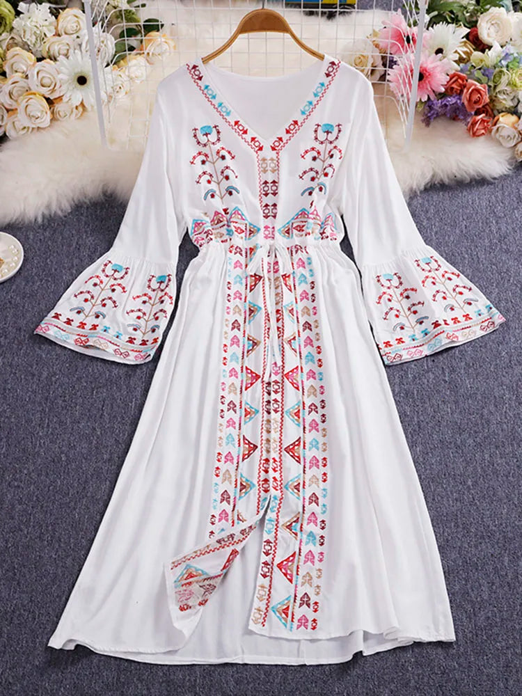 Bohemian Embroidered V-Neck Drawstring Mid-Calf Dress
