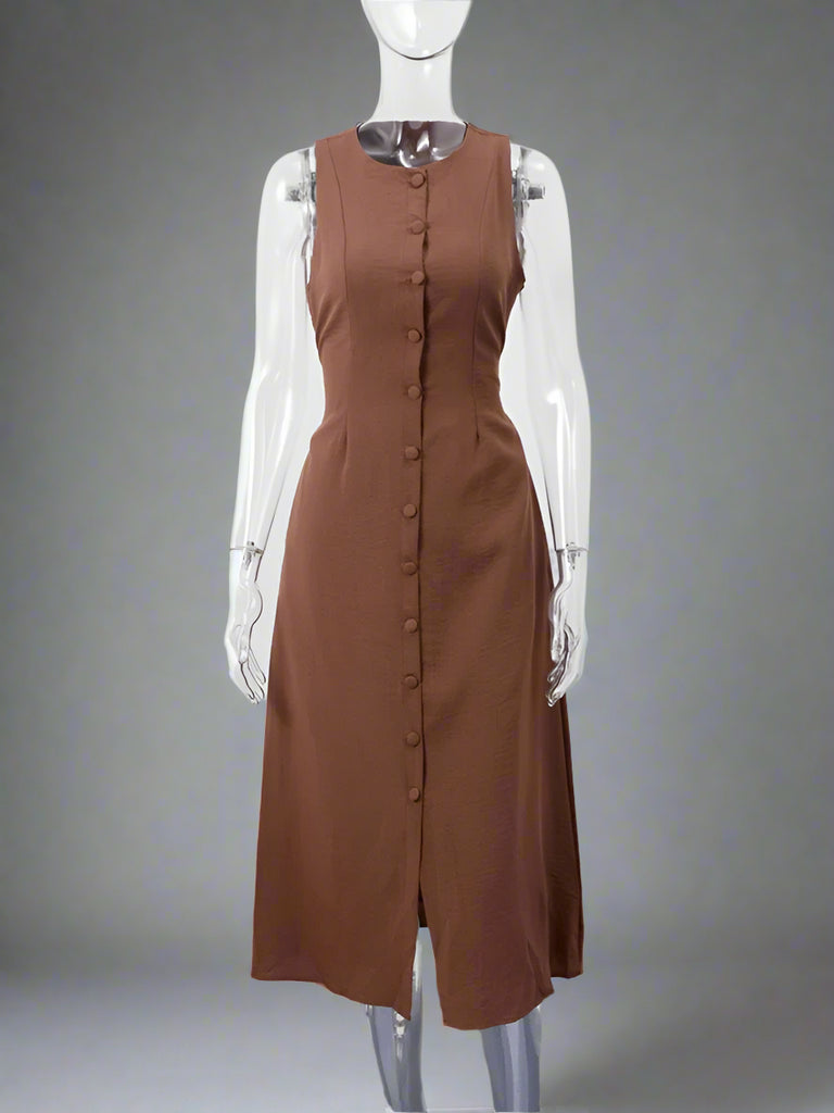 Brown sleeveless dress on a mannequin against a white background