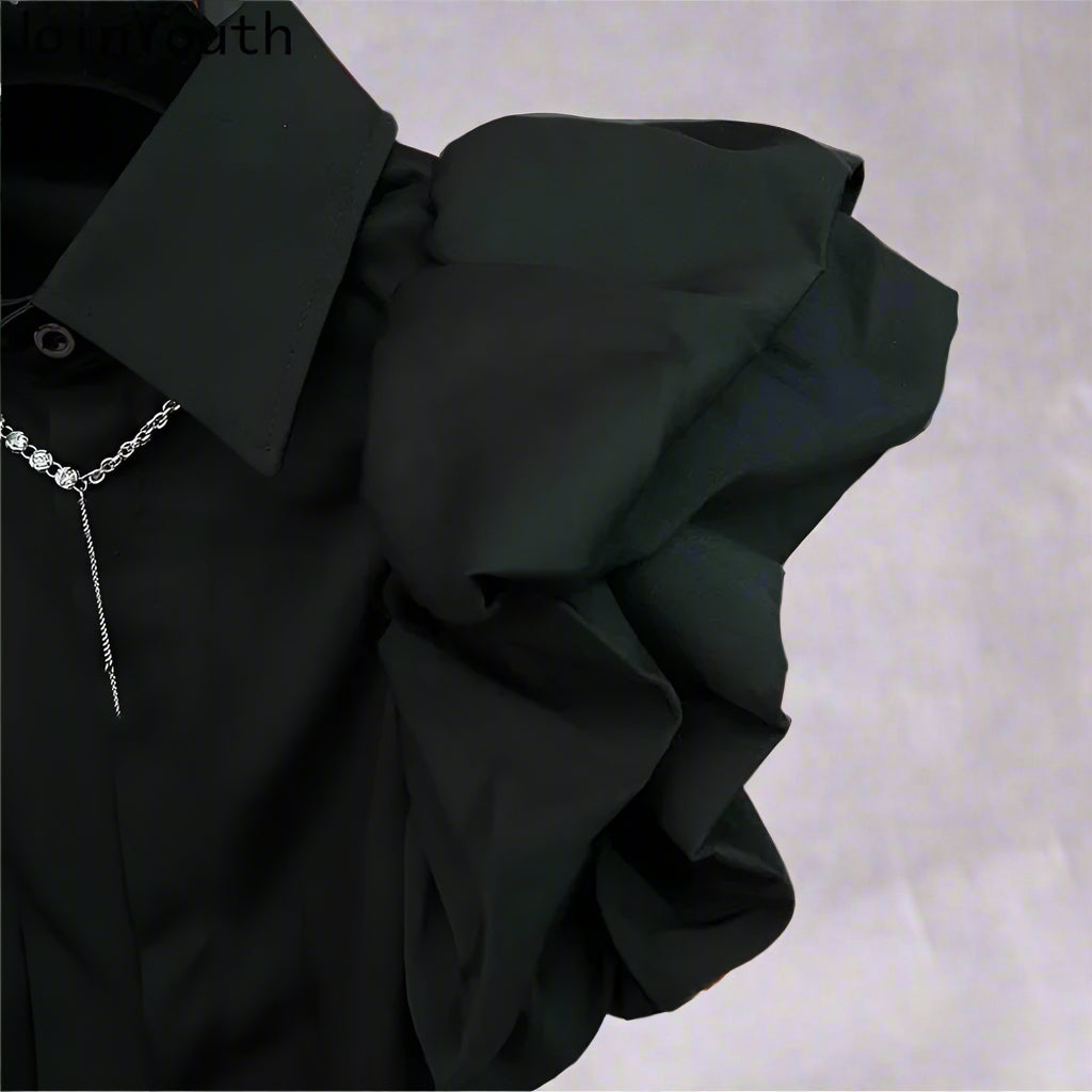 Exaggerated Ruffled Sleeve Black Slim Fit Blouses
