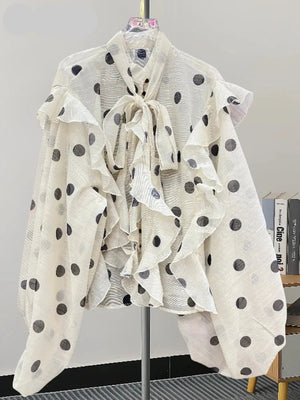 Ruffled Polka Dot Bow Tie Blouse