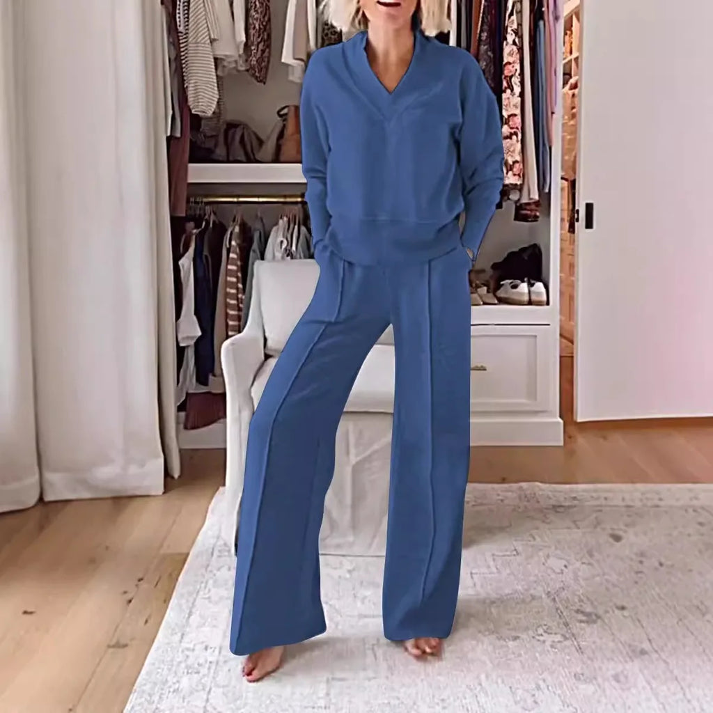Two Piece Set - Loose Sweatshirt and Wide Leg Pant