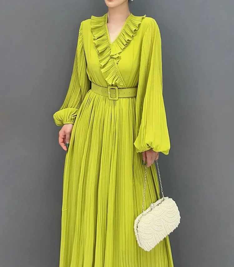 Ruffled Collar Pleated Chiffon Mid-Calf Dress