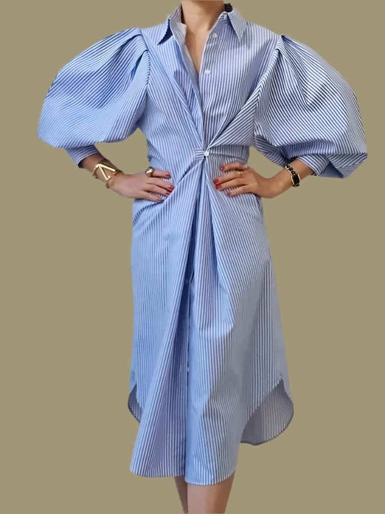 Cinched Waist Single Button Striped Dress