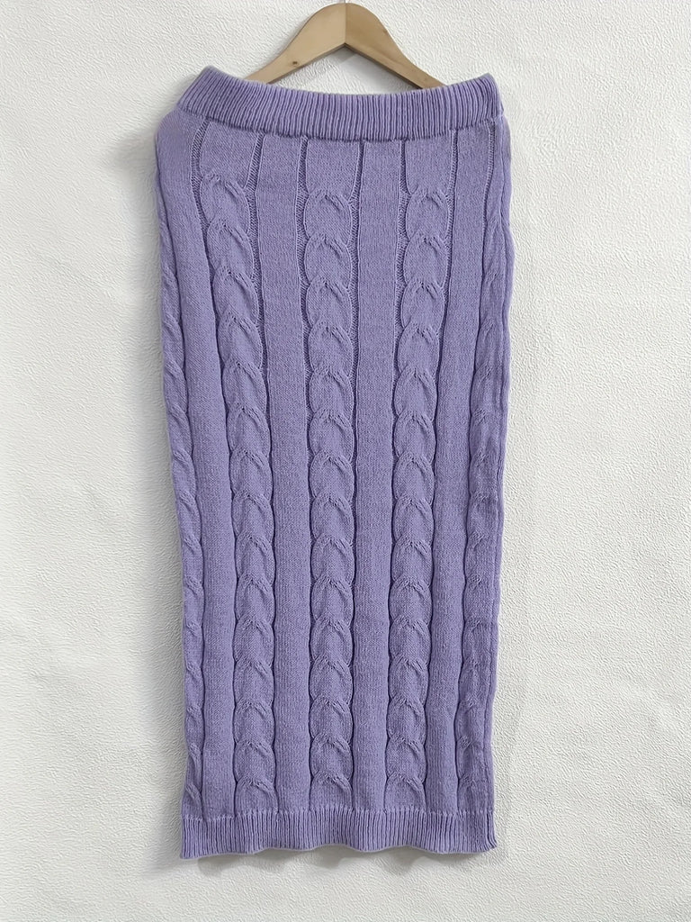 Solid Knitted Two Piece Skirt and Sweater Set for Women