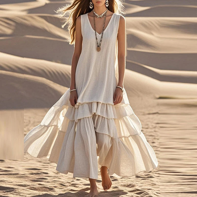 Linen Tiered Ruffle  Long Dress