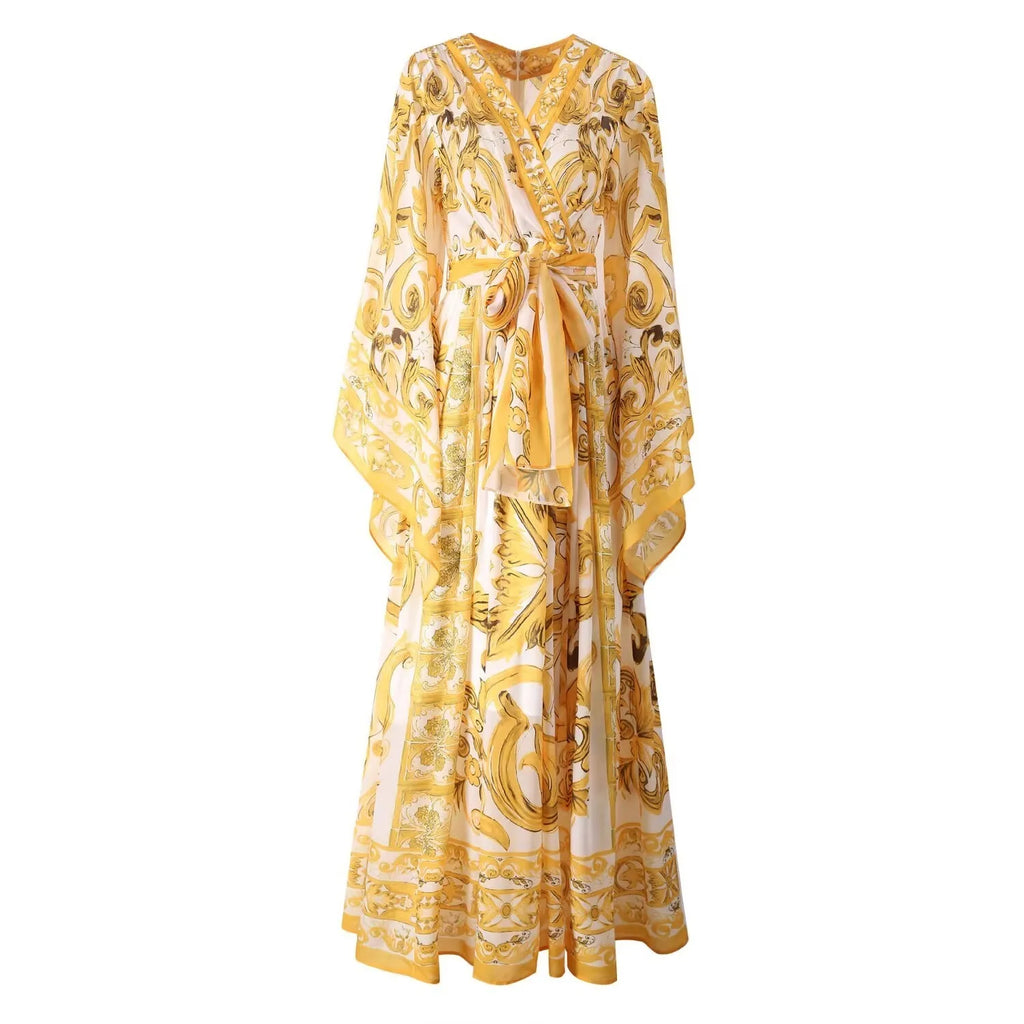 Golden White Porcelain Flower Print Maxi Dress