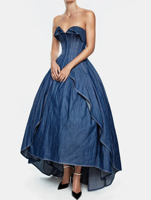 Denim Off the Shoulder Layered Corset Strapless Maxi Dress