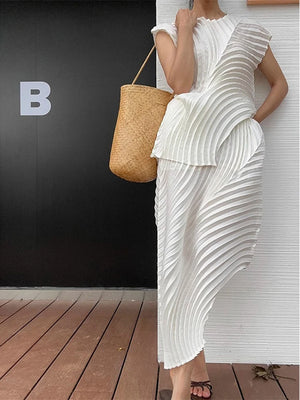 Irregular White Pleated Two-Piece Set