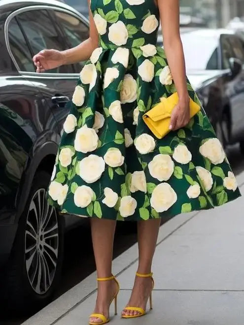Elegant Floral Midi Dress| Bright Spring