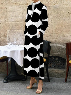 Polka-Dot Split-Side Stand Collar Maxi Dress for Women