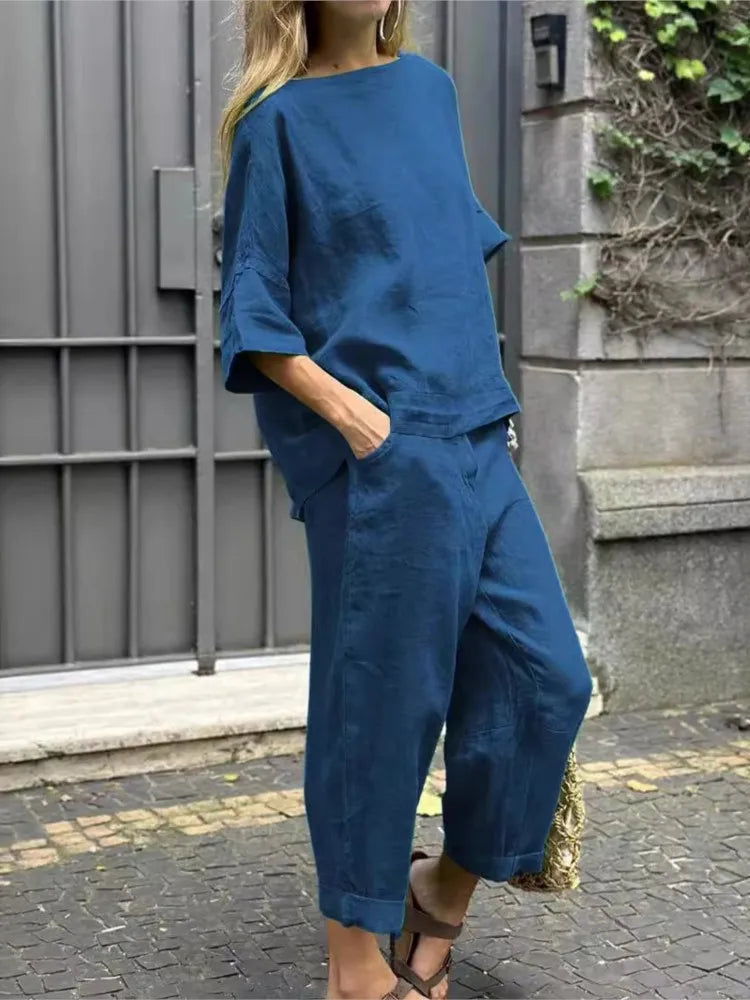 2 Piece Set - Half Sleeve O Neck Top And Loose Pocket Pant