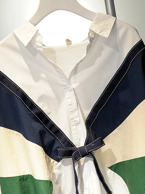 Lapel Long Sleeves Bow Decoration Color Block Top