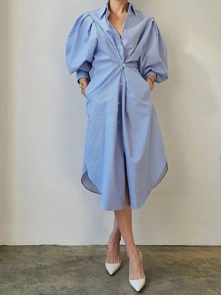 Cinched Waist Single Button Striped Dress