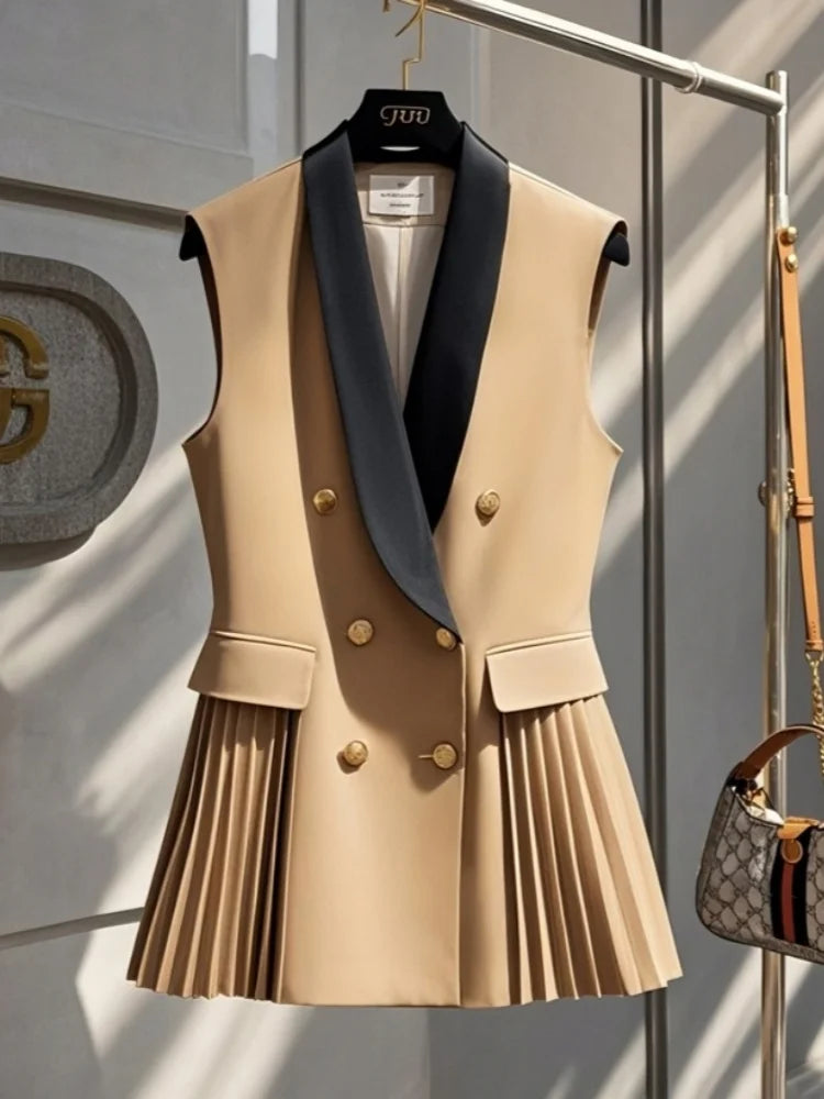 Pleated Double Breasted Sleeveless Vest