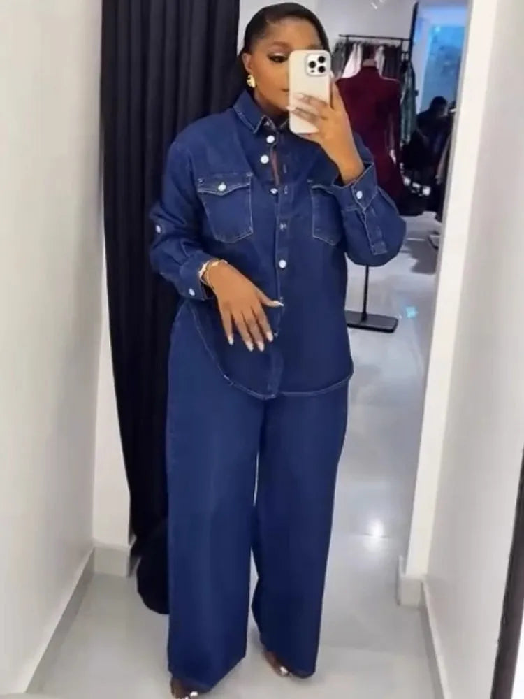 2-Piece Matching Set - Solid Color Long Sleeve Denim Top And Jean