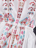 Bohemian Embroidered V-Neck Drawstring Mid-Calf Dress