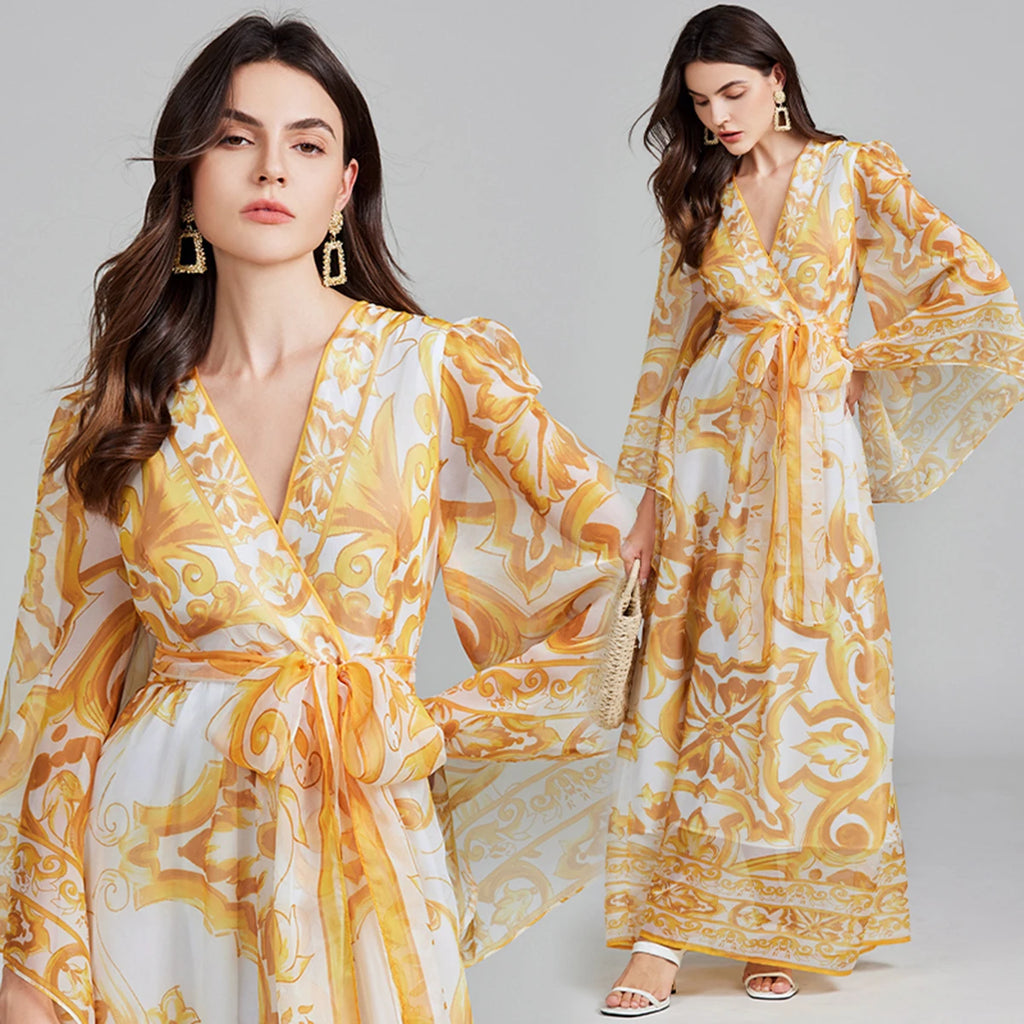 Golden White Porcelain Flower Print Maxi Dress