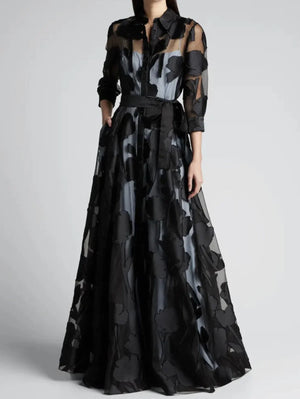 Jacquard Applique Mesh Maxi Dress