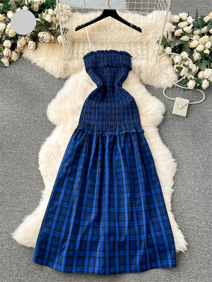 Strap Off Shoulder Sleeveless Plaid Print Dress