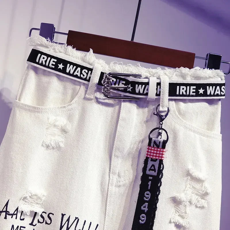 White Distressed Denim Mid-Calf Skirt| Chic Casual Women’s Skirt