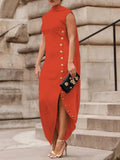 FREEACY Sleeveless High Neck Button Adorned Split-Side Dress