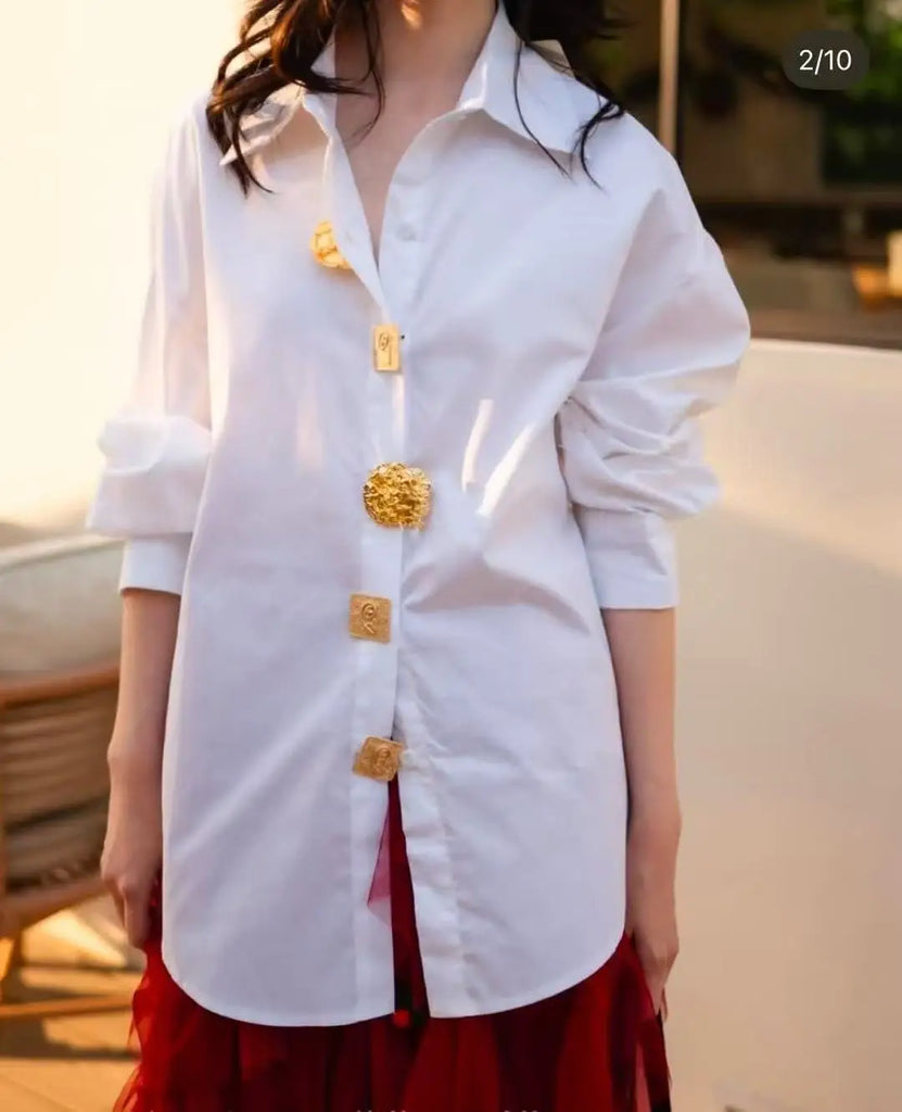 Gold Jewelry Button Embellished Cotton Blouse Shirt