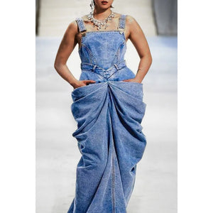 Plus Size Blue Denim Overall Dress with Bow