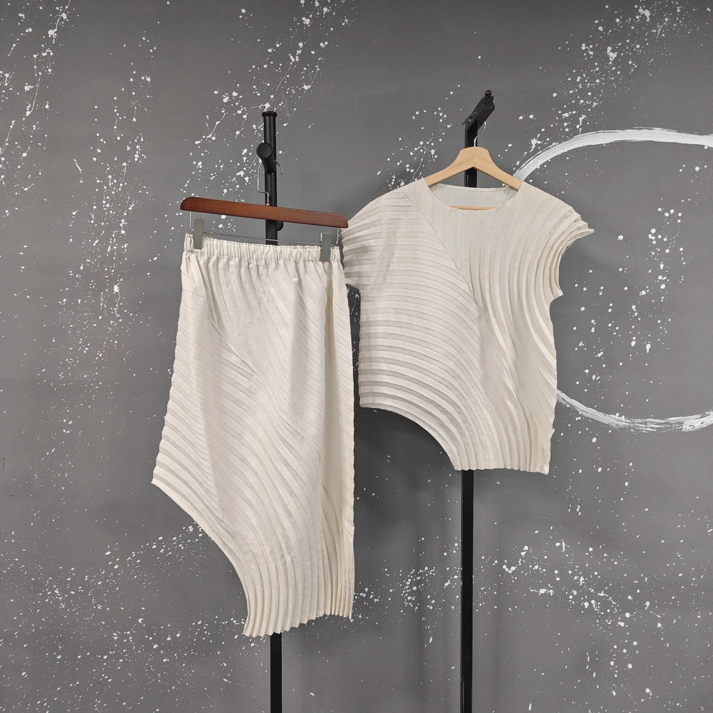 Irregular White Pleated Two-Piece Set